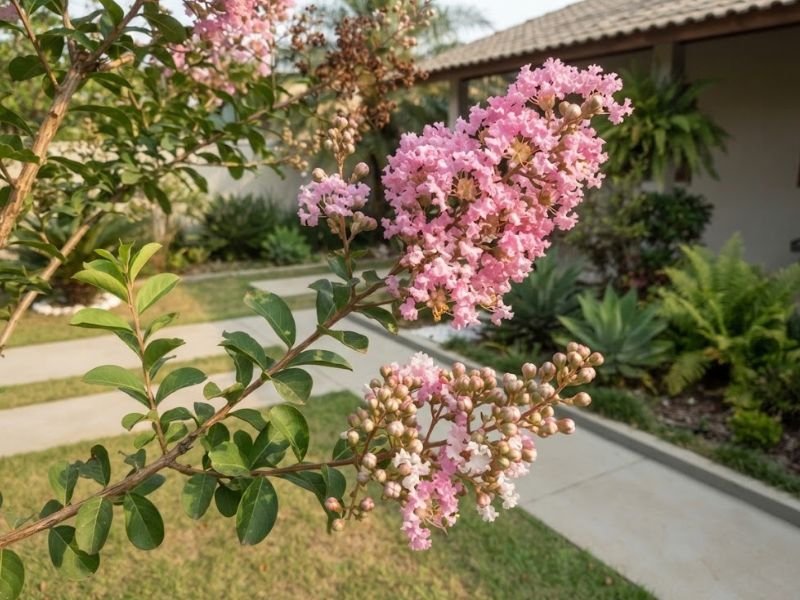 Ramo de extremosa com flores rosa, botões e cachos envelhecendo