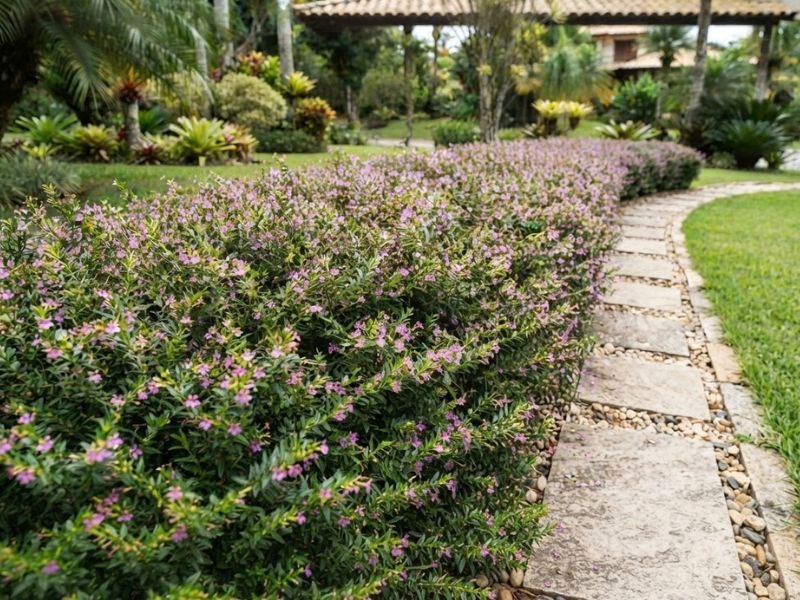 Grande canteiro de falsa érica com numerosas flores pequenas lilás distribuídas pela folhagem.