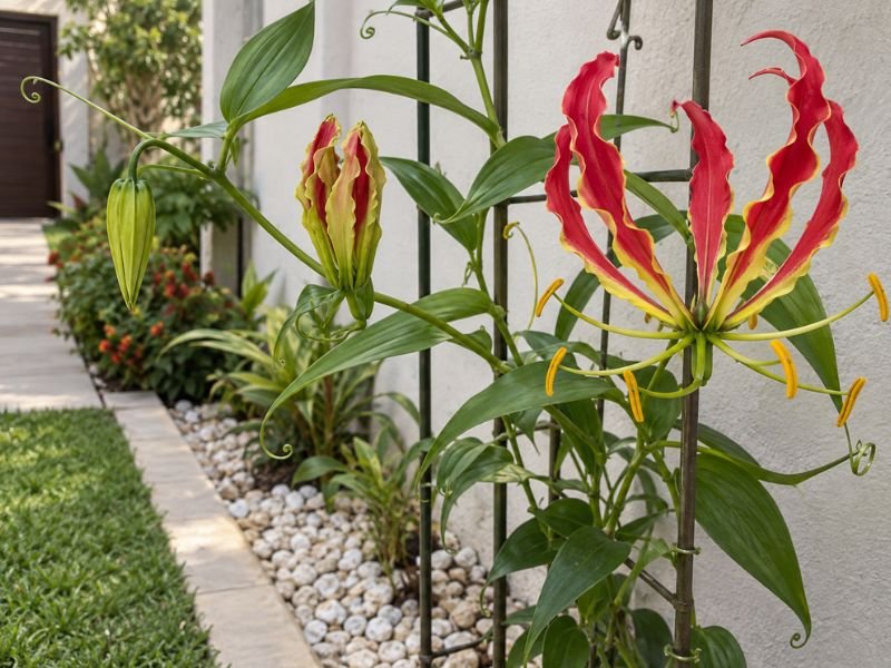 Gloriosa superba com botões e flores abertas em diferentes fases da floração
