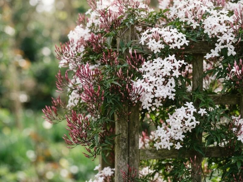 Jasmim dos poetas com botões rosados e flores brancas durante a floração