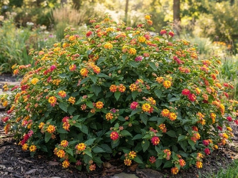 Lantana camara coberta de flores coloridas durante a primavera