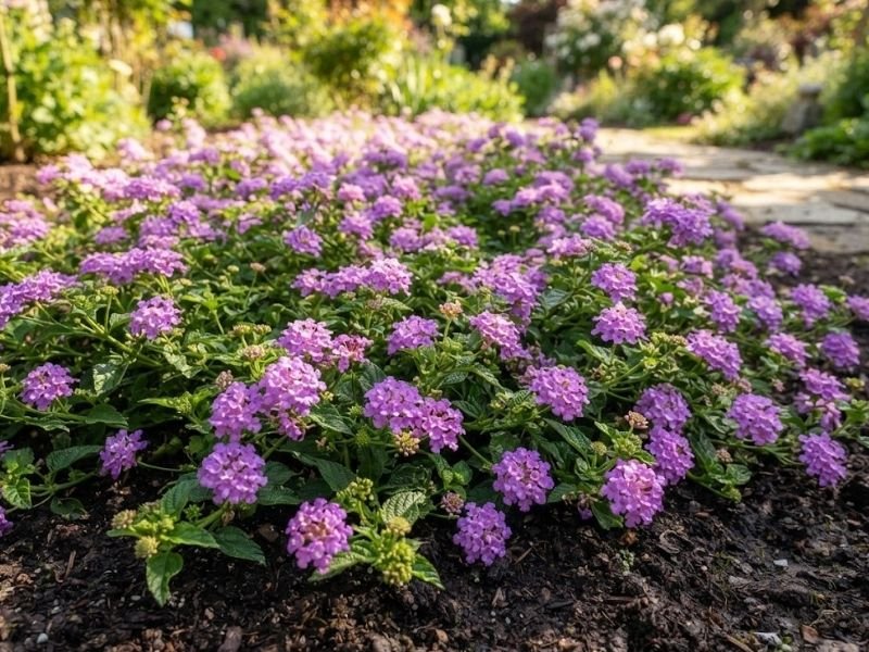 Lantana rasteira em plena floração com muitas flores lilases