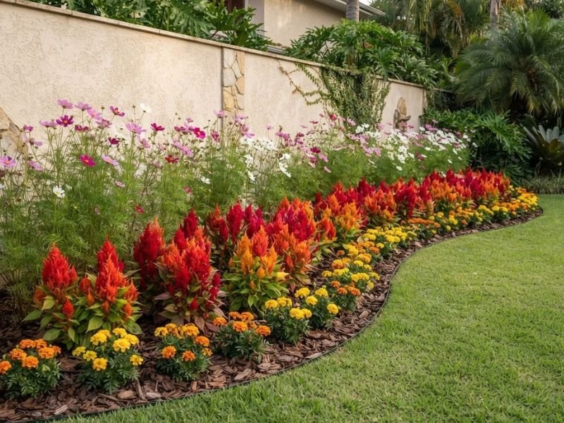 Flores anuais para canteiros com cosmos, celósias e tagetes organizados por altura