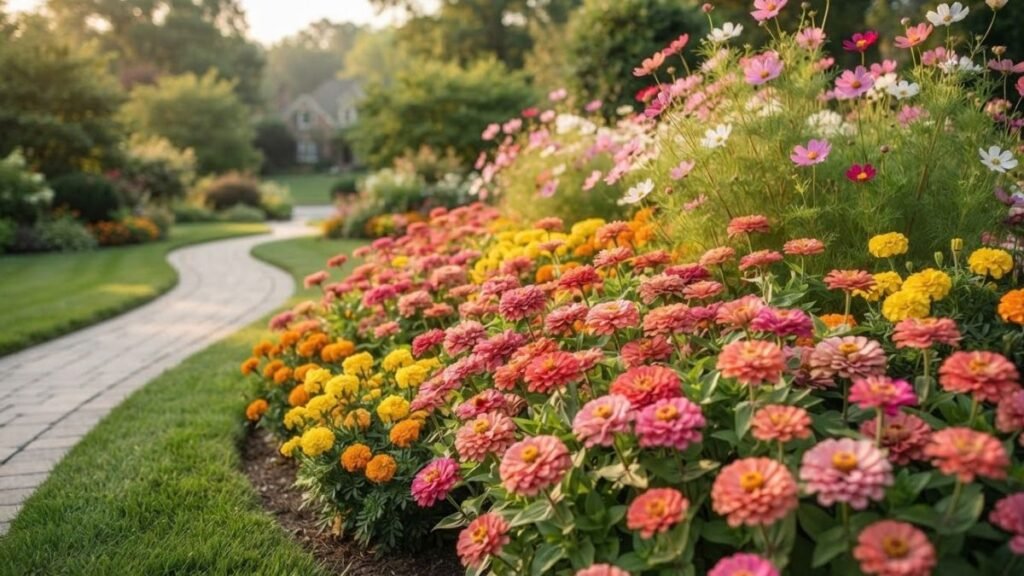 Flores anuais para canteiros com zínias, tagetes e cosmos em jardim planejado