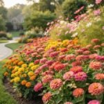 Flores anuais para canteiros com zínias, tagetes e cosmos em jardim planejado