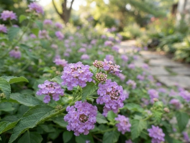 Close de flores lilases de lantana rasteira em diferentes estágios de abertura