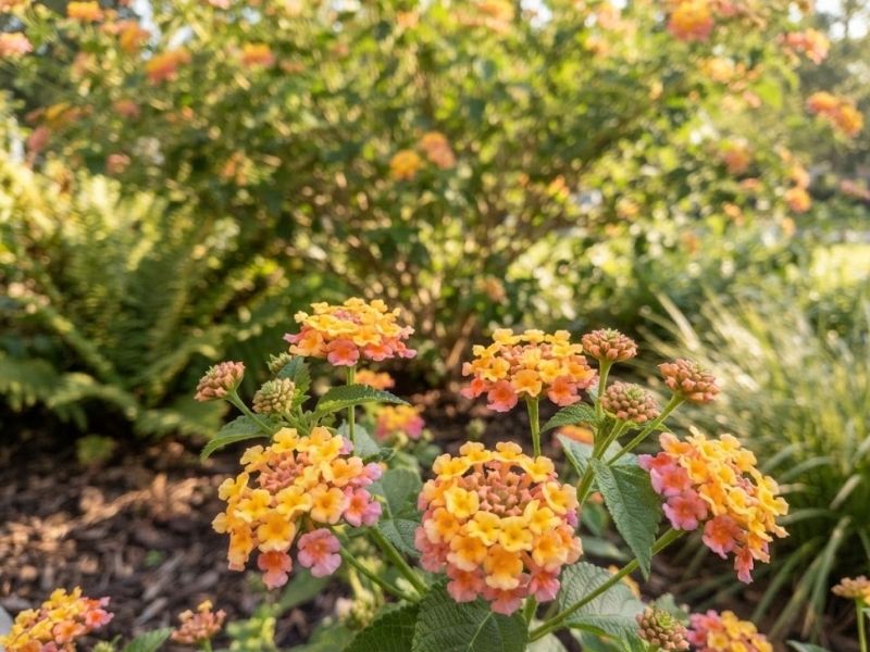 Close de inflorescências coloridas de Lantana camara em diferentes estágios de abertura