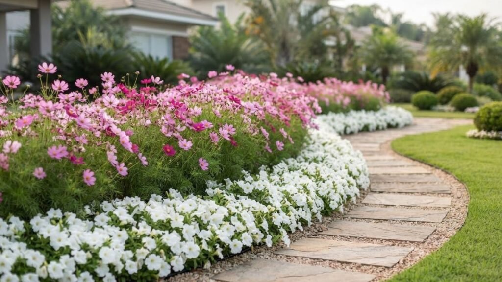 Flores para canteiros na primavera com cosmos rosas e petúnias brancas em jardim residencial