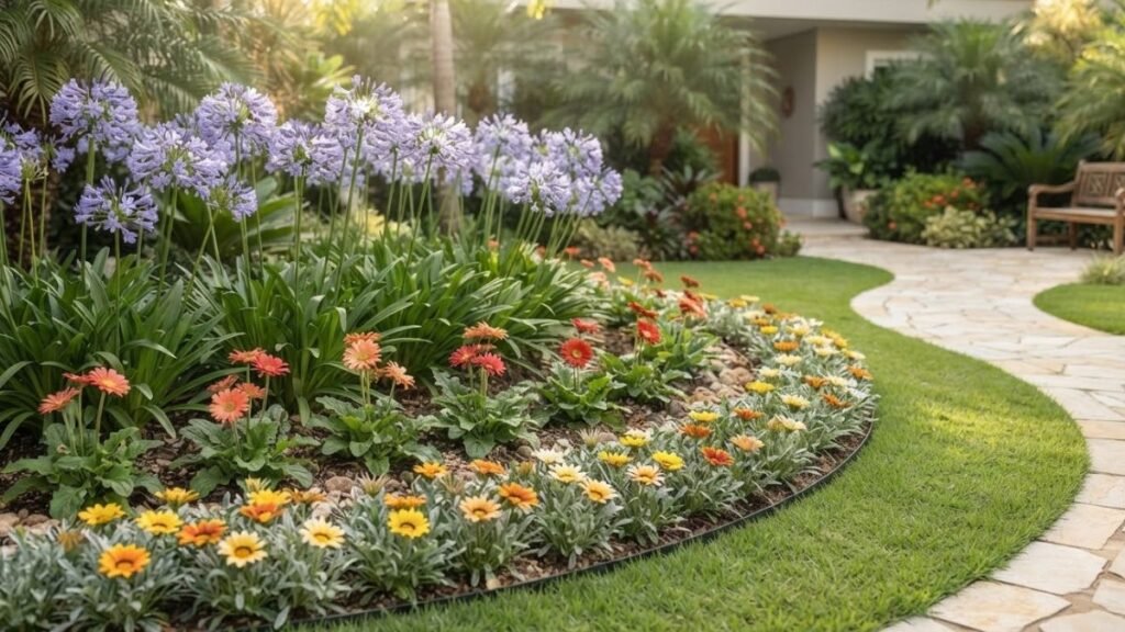 Flores perenes para canteiros com agapantos, gérberas e gazânias em jardim residencial