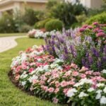 Canteiro curvo com vincas brancas e rosas, angelônias lilases e estrela do Egito rosa em jardim residencial bem cuidado