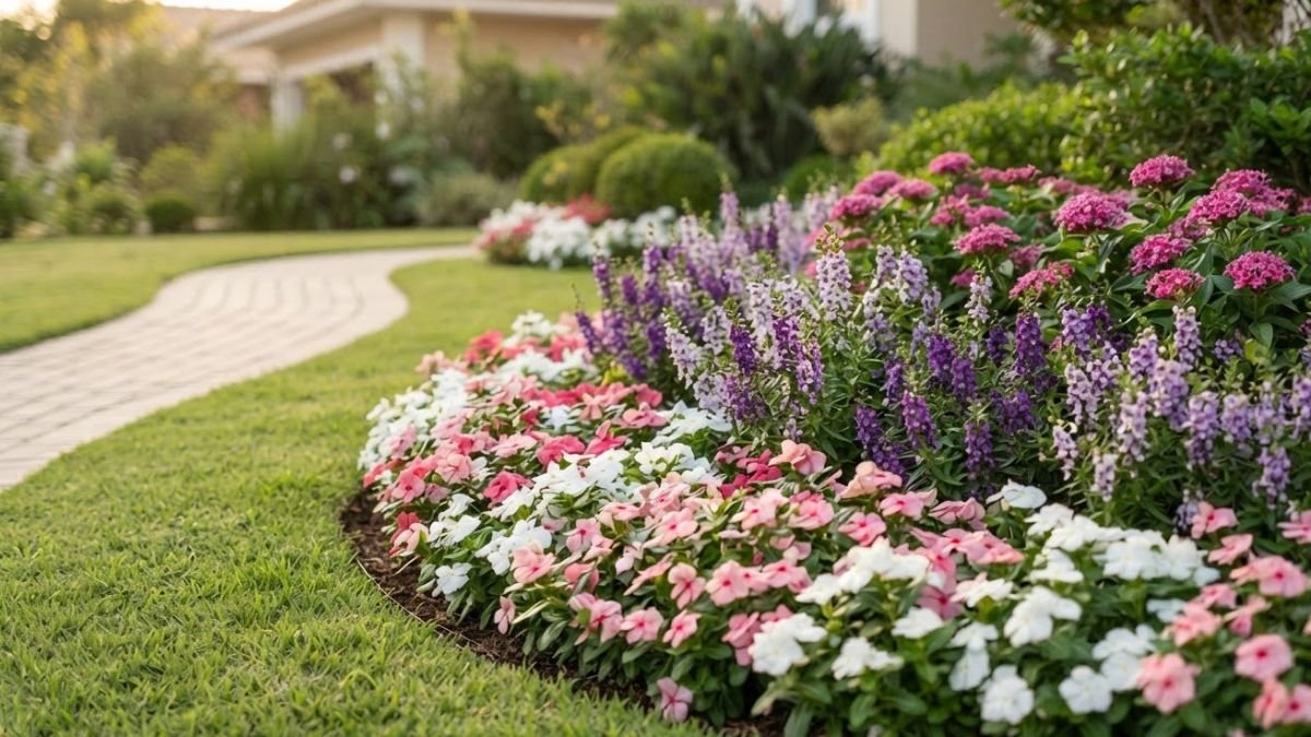 Canteiro curvo com vincas brancas e rosas, angelônias lilases e estrela do Egito rosa em jardim residencial bem cuidado