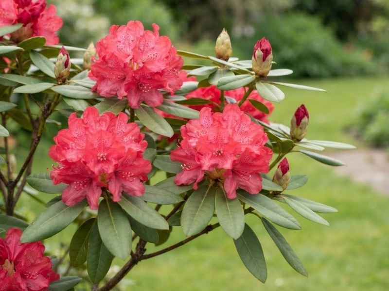 Folhas, flores e botões de rododendro em detalhe