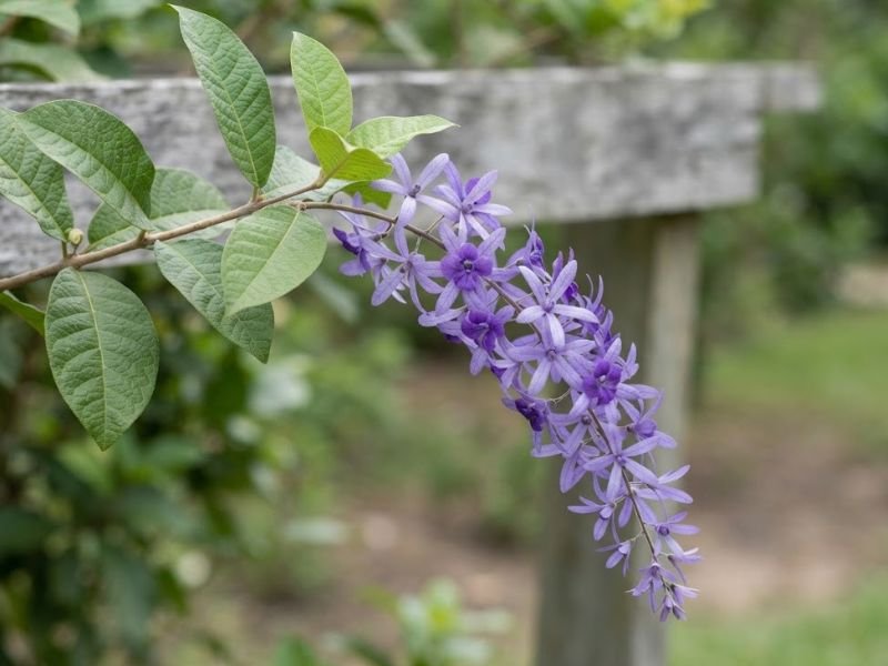 Detalhe das folhas ásperas e do cacho violeta da Petrea volubilis
