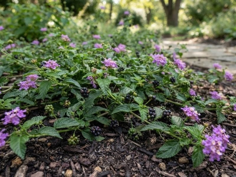 Folhas, flores e pequenos frutos de lantana rasteira em detalhe