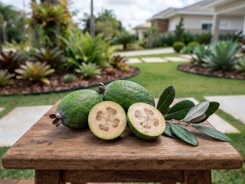 Frutos de goiaba serrana inteiros e cortados mostrando polpa clara e centro translúcido