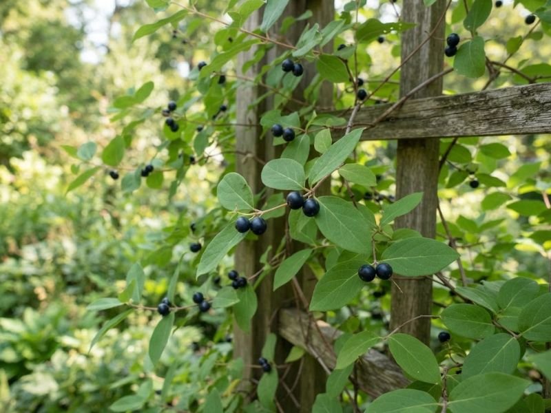 Frutos escuros da madressilva surgindo aos pares entre folhas verdes na treliça