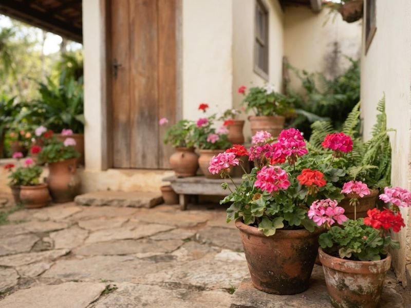 Gerânios rosas e vermelhos cultivados em vasos de barro junto à entrada de casa.
