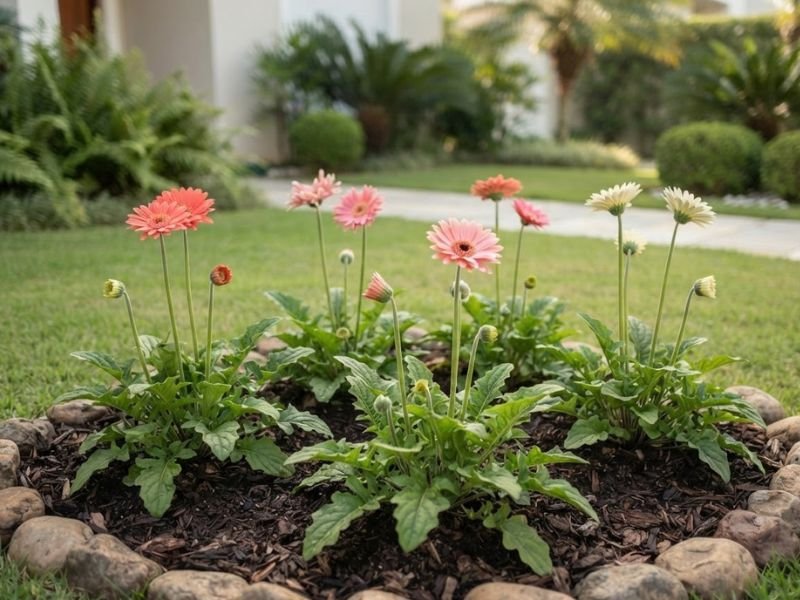 Gérberas coral, rosas e creme em hastes acima das folhas, num canteiro com borda de pedras.