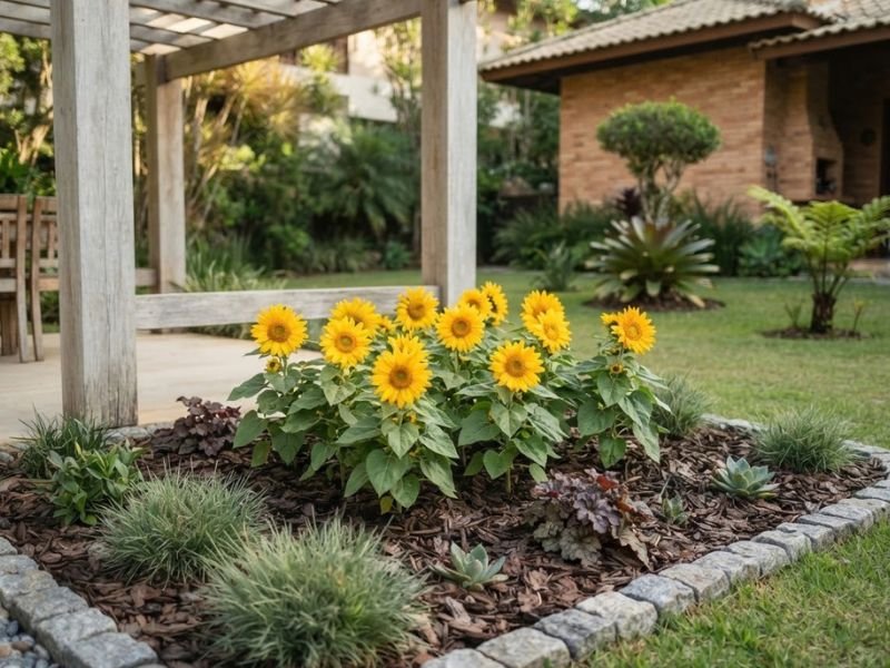 Girassóis anões amarelos usados como ponto de destaque em canteiro residencial