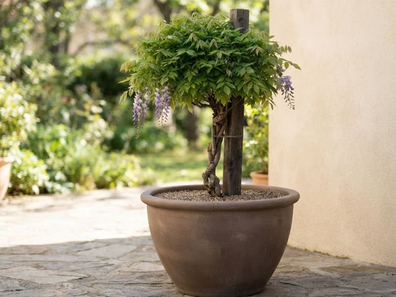 Glicínia cultivada em vaso grande com tronco lenhoso e cachos lilás