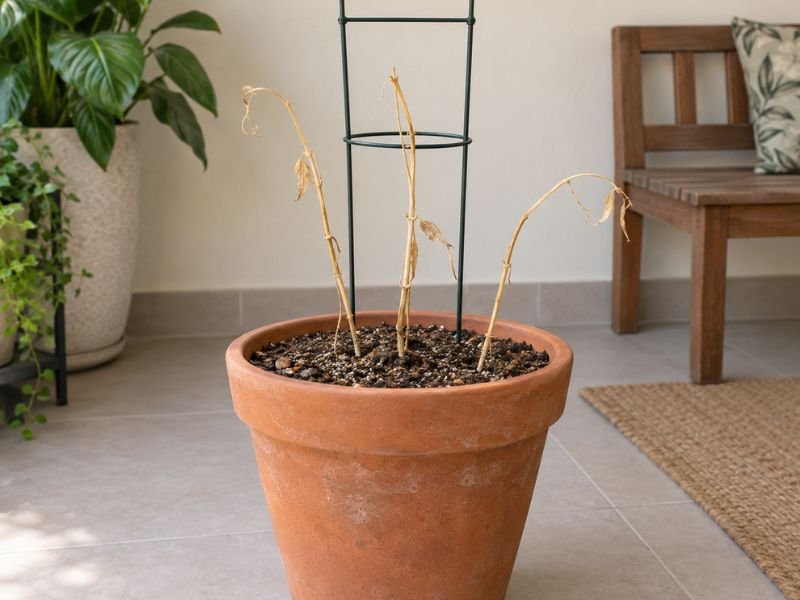 Vaso de gloriosa em dormência com hastes secas e suporte vazio durante o inverno