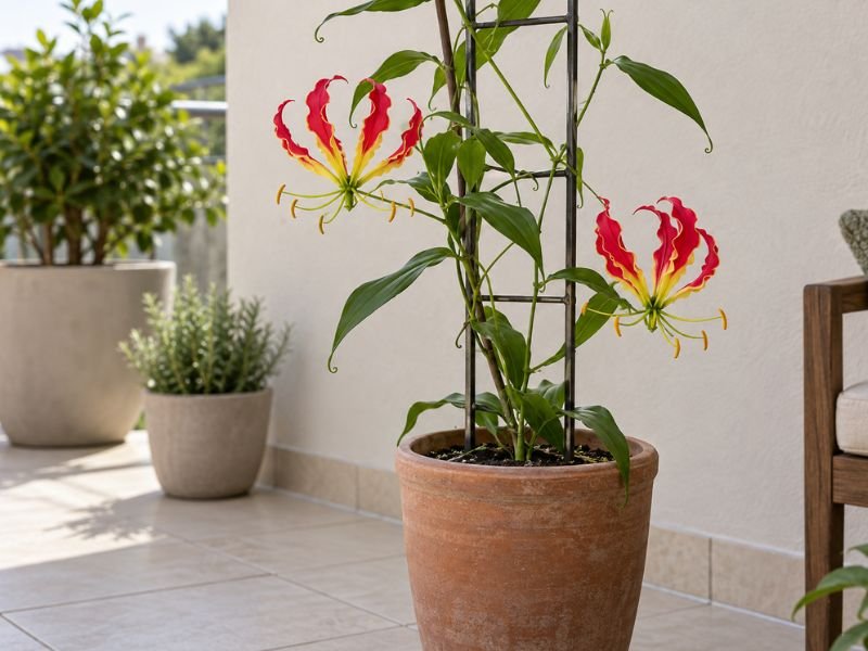 Gloriosa superba florida cultivada em vaso de terracota com suporte vertical