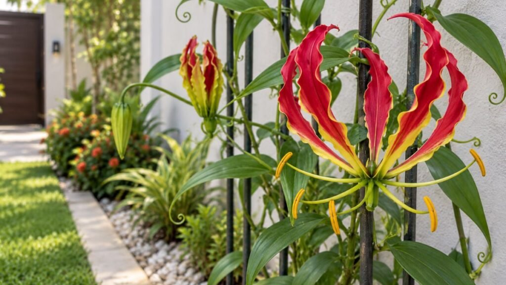 Flor da Gloriosa superba em destaque sobre treliça metálica em jardim residencial