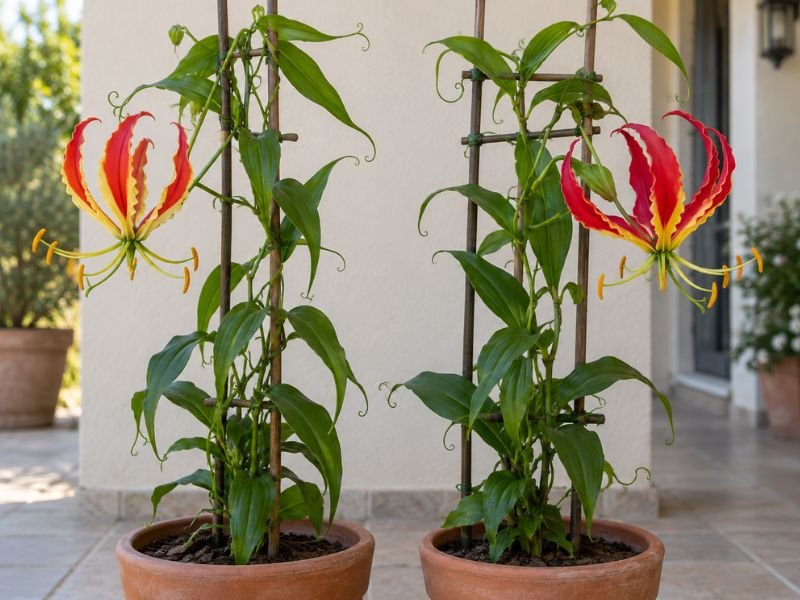 Dois exemplares de gloriosa com variações nas flores vermelhas e amarelas