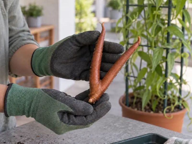 Tubérculo de gloriosa sendo manuseado com luvas de proteção