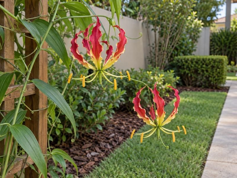 Gloriosa superba com flores vermelhas e amarelas crescendo em suporte de madeira