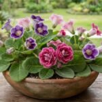 Gloxínias roxas e rosas, com flores simples e dobradas, em um vaso largo de barro.