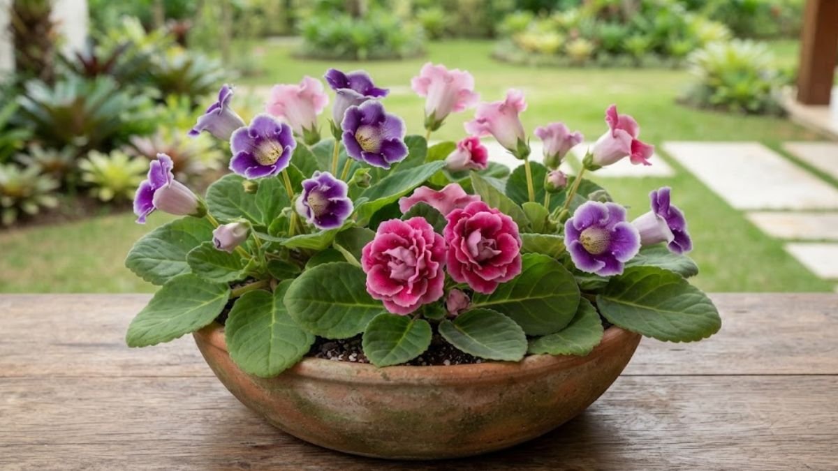 Gloxínias roxas e rosas, com flores simples e dobradas, em um vaso largo de barro.