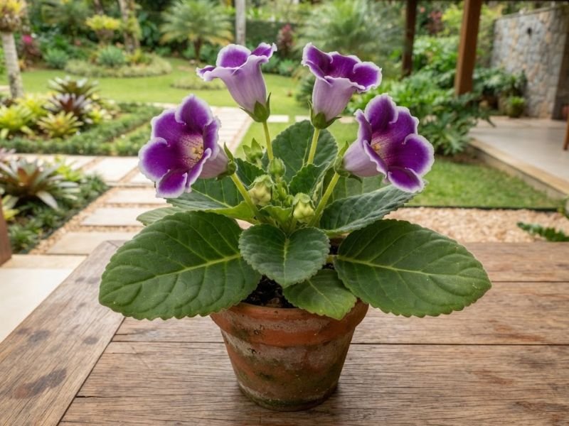 Gloxínia com flores roxas de bordas brancas e folhas largas aveludadas em vaso de barro.