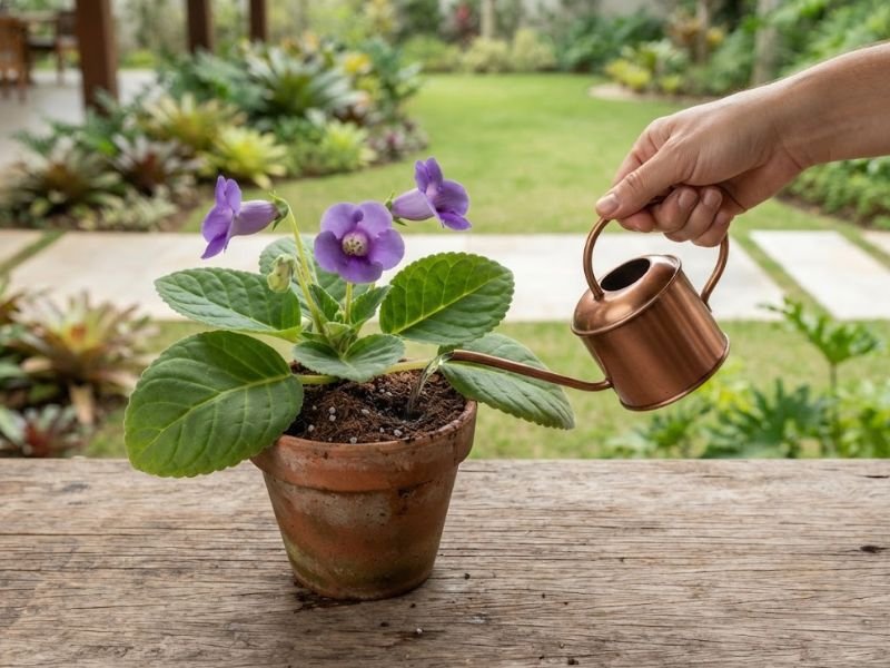Mão usando um regador de bico fino para regar o substrato de uma gloxínia com flores violeta.
