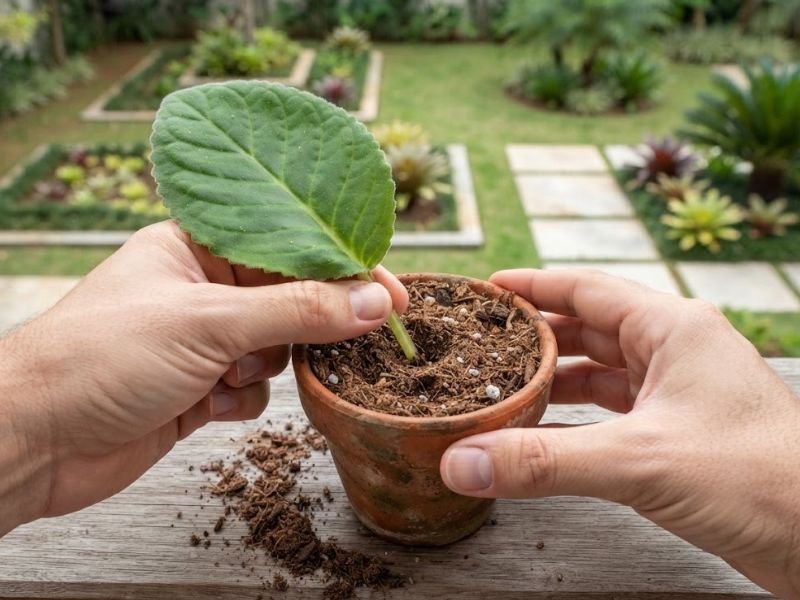 Duas mãos plantando uma folha de gloxínia pelo pecíolo em um pequeno vaso de barro.