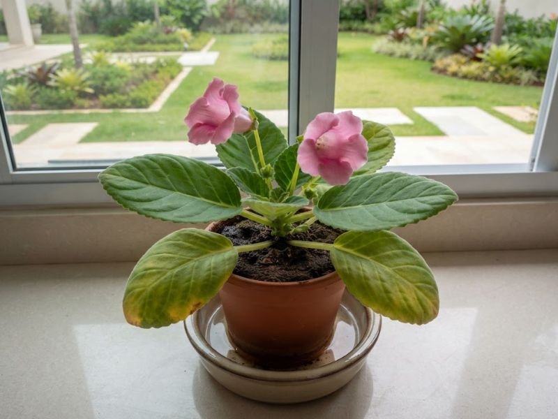 Gloxínia com flores rosas e folhas inferiores amareladas, em vaso com água acumulada no recipiente externo.