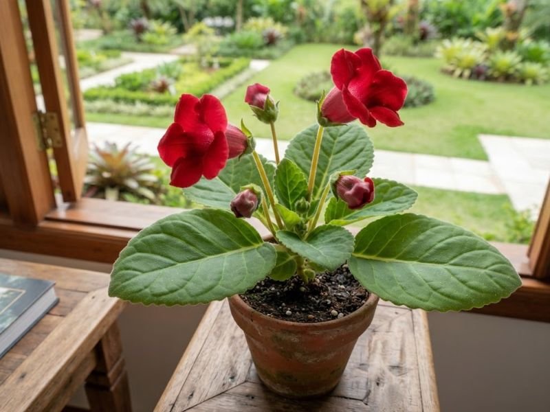 Gloxínia com flores vermelhas abertas e botões em diferentes estágios, em vaso junto à janela.