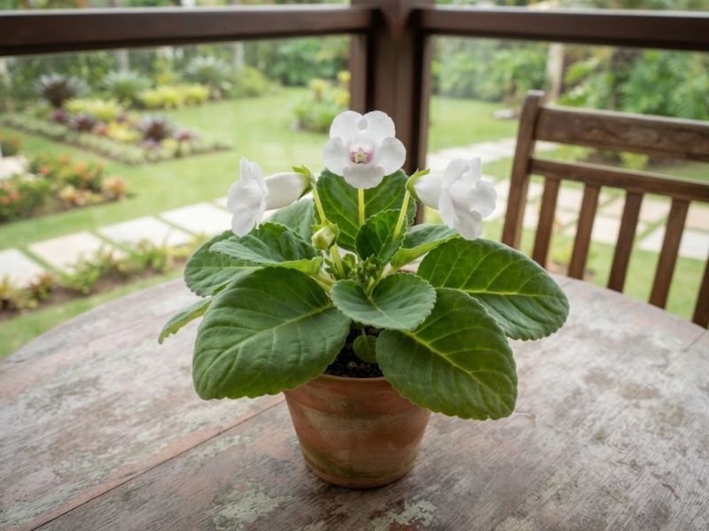 Gloxínia com flores brancas e garganta rosada em vaso de barro sobre uma mesa de madeira.