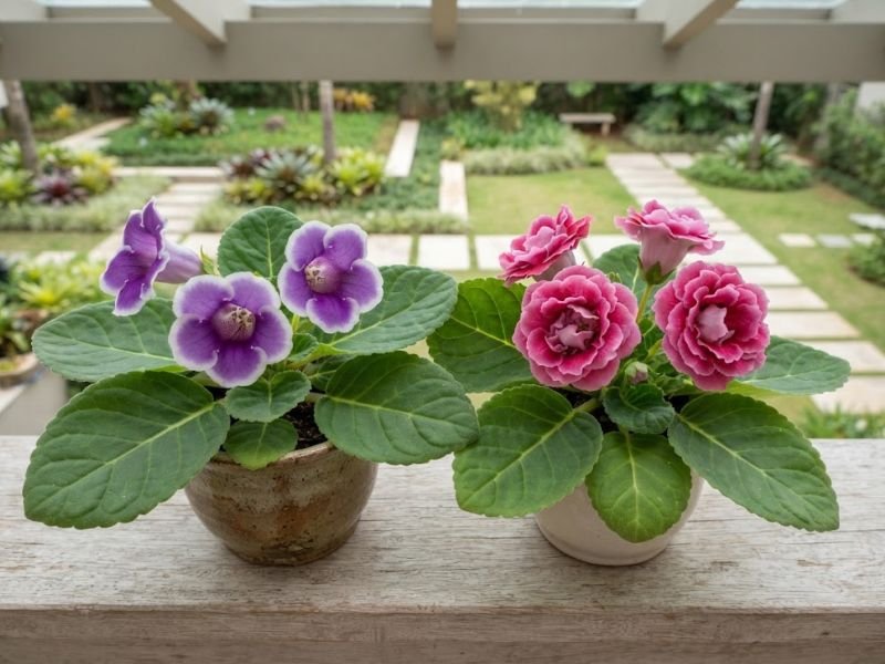 Dois vasos de gloxínia, um com flores simples roxas e outro com flores dobradas rosa-magenta.