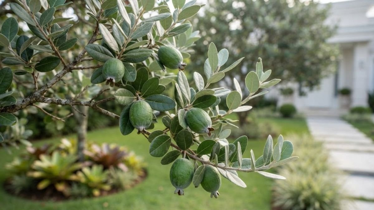 Goiaba serrana com frutos verdes em ramo de folhas verde-escuras e prateadas no jardim