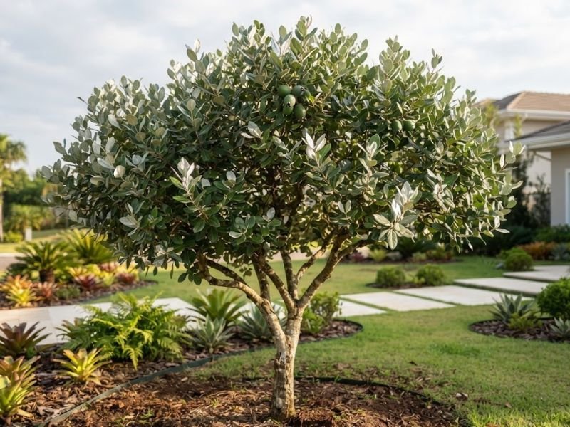 Goiaba serrana recebendo sol direto em jardim residencial bem cuidado