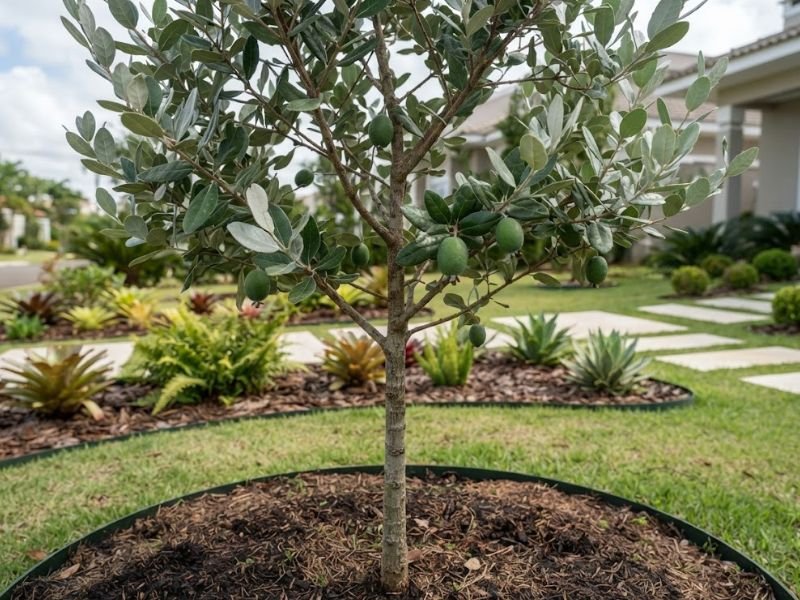 Goiaba serrana jovem iniciando a produção com poucos frutos verdes entre os ramos