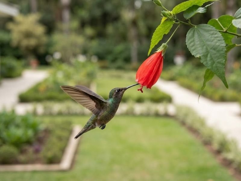 Beija-flor em pleno voo aproximando-se de uma flor vermelha pendente de hibisco colibri.