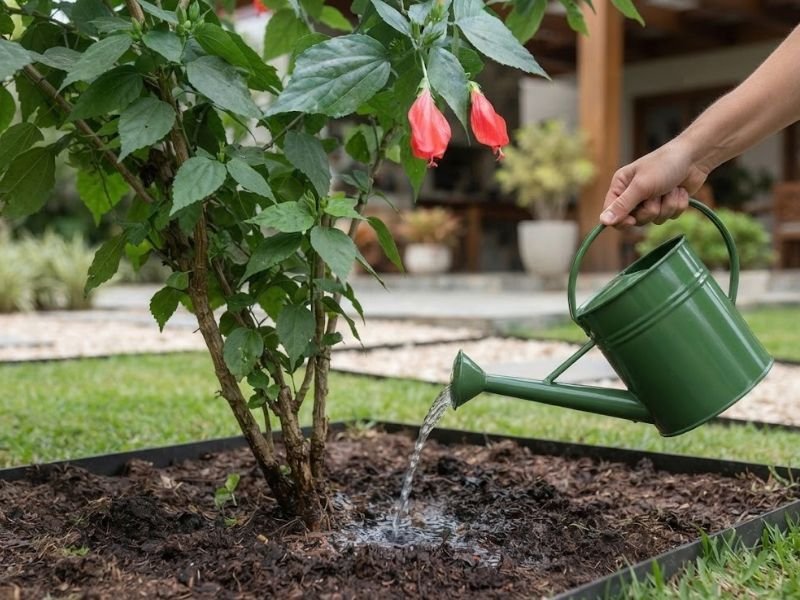 Mão segurando regador verde e direcionando água para o solo na base de um arbusto de hibisco colibri.