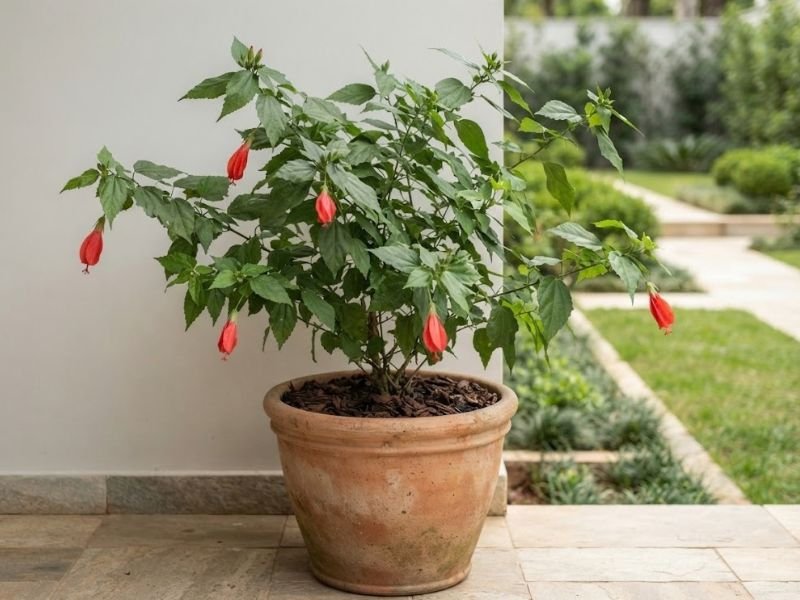 Hibisco colibri cultivado em vaso grande de cerâmica, com flores vermelhas pendentes e folhagem verde.