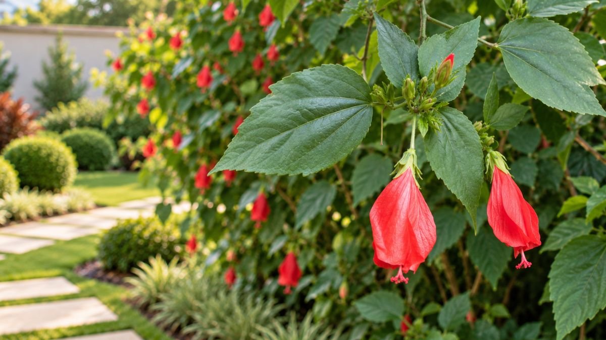 Hibisco colibri com duas flores vermelhas pendentes e folhas verdes em destaque, cultivado em jardim residencial.