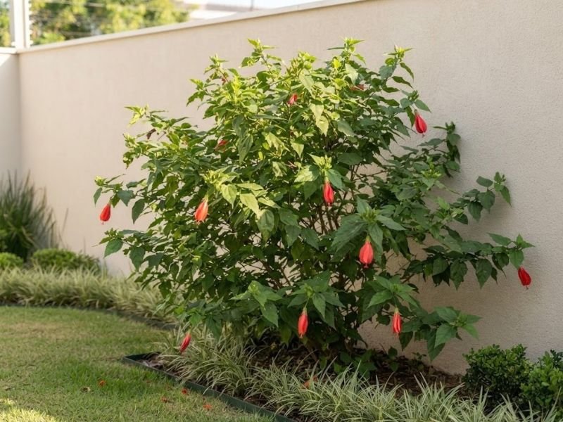 Hibisco colibri cultivado em canteiro iluminado, com flores vermelhas pendentes e folhagem verde.