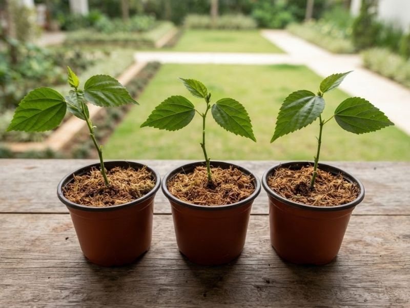Três mudas jovens de hibisco colibri produzidas por estaquia, cultivadas individualmente em pequenos vasos.