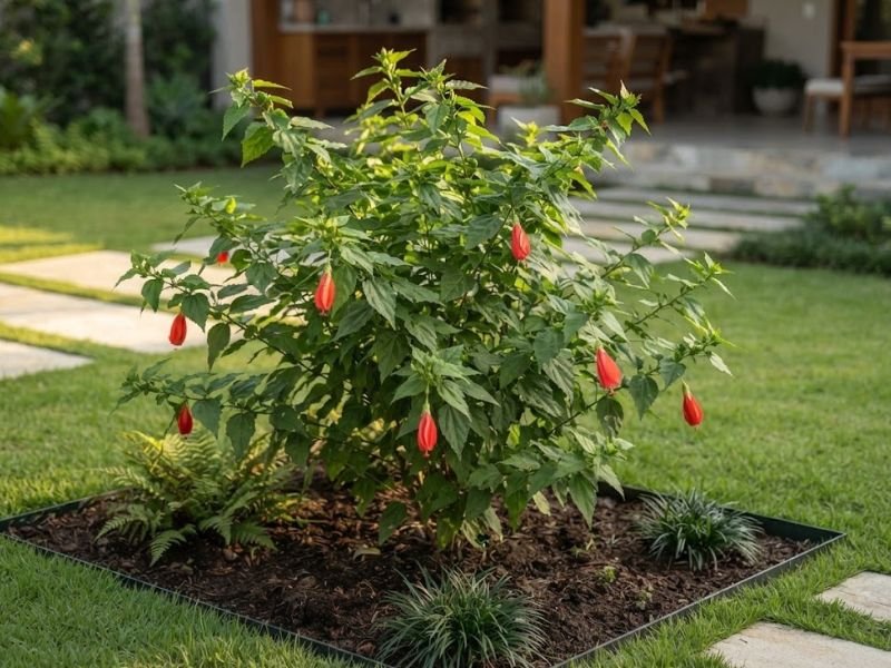 Arbusto de hibisco colibri com flores vermelhas pendentes integrado ao paisagismo de um jardim residencial.