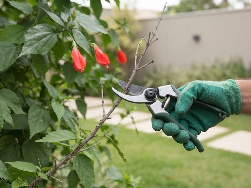 Mão com luva utilizando tesoura de poda para retirar um ramo seco de hibisco colibri.